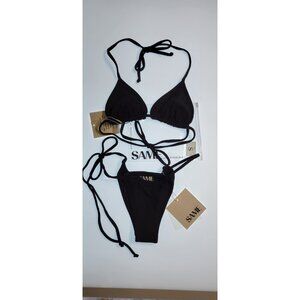 SAME Los Angeles Black Faux Suede Bikini Set Size S Triangle Top Tie Side